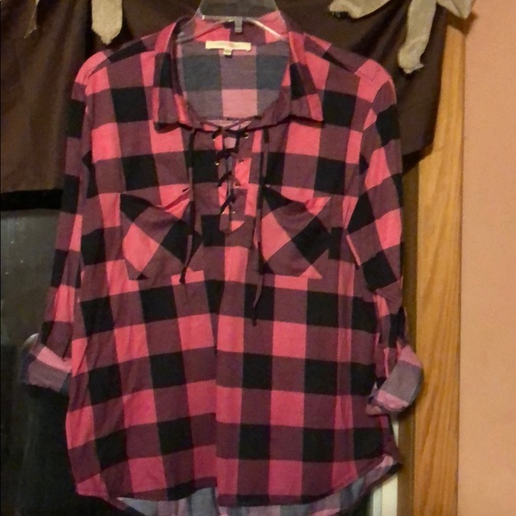 Pink and black checker 3/4 sleeve shirt - Picture 1 of 5